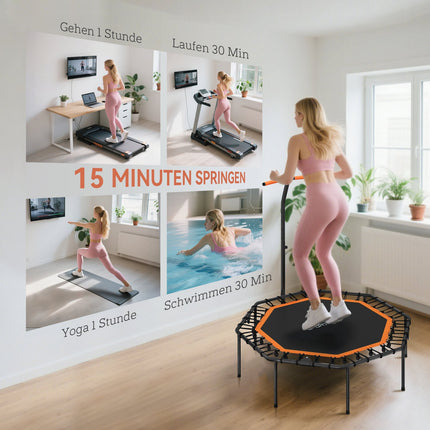Fitness trampolína, nastavitelné madlo, do interiéru, ocel, oranžová