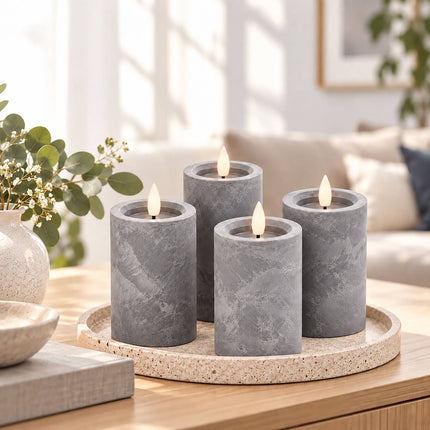 Flameless LED Pillar Candles, Set of 4 with Timer – Concrete Look, Grey