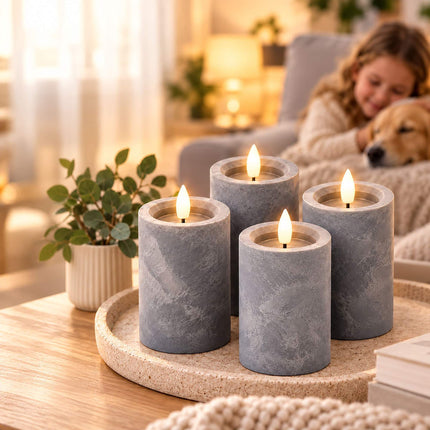 Flameless LED Pillar Candles, Set of 4 with Timer – Concrete Look, Grey