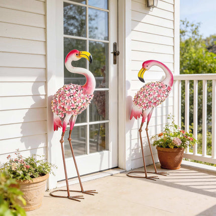 Flamingo tuinbeelden set van 2, metalen vogels met ankers