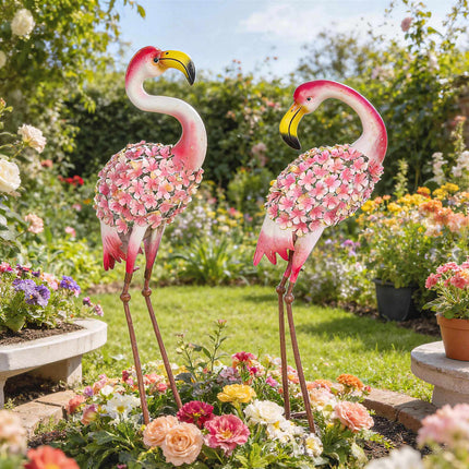 Flamingo tuinbeelden set van 2, metalen vogels met ankers