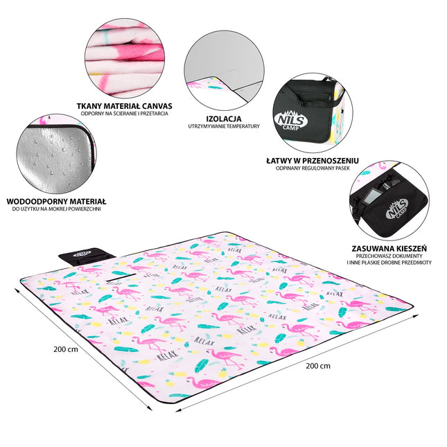 Picknickdecke Flamingo 200x200 cm, Wasserdichtes PE-Alu