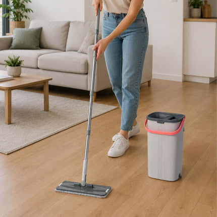 Flat Mop Set with 2-Chamber Bucket, Microfibre Pads