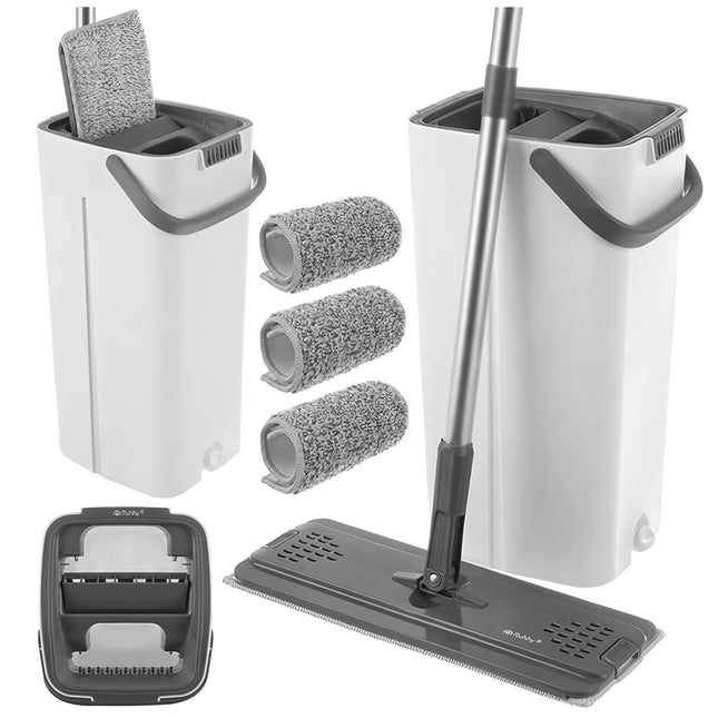 Flat Mop with 8.5L Dual-Chamber Bucket & 3 Pads