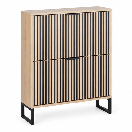 Flip-Down Shoe Cabinet with 2 Compartments, Striped Front, Natural, Black
