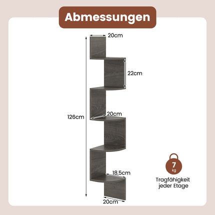 Floating Corner Shelf, 5-Tier Wall-Mounted Storage, Grey
