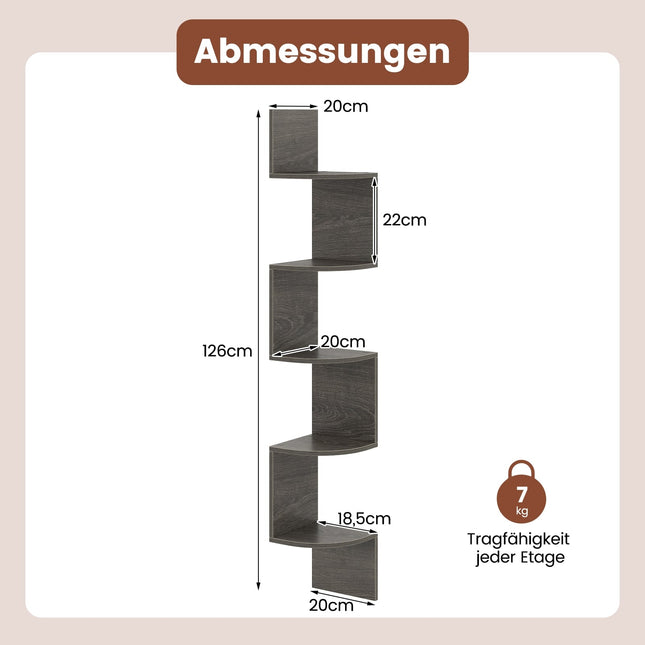 Schwebendes Eckregal, 5-stöckige Wandhalterung, Grau