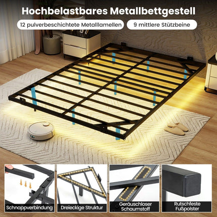 Schwebender Metallbettrahmen mit LED-Beleuchtung, Schwarz, 140x200 cm