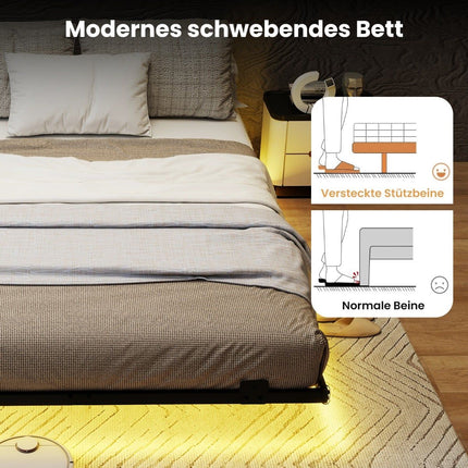 Schwebender Metallbettrahmen mit LED-Beleuchtung, Schwarz, 140x200 cm
