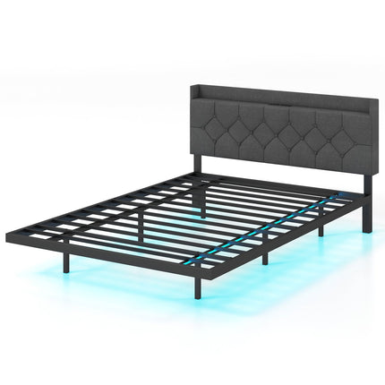 Schwebendes Plattformbett mit LED-Beleuchtung, verstellbarem Kopfteil, Ladeanschlüssen, Grau