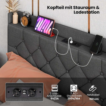 Schwebendes Plattformbett mit LED-Beleuchtung, verstellbarem Kopfteil, Ladeanschlüssen, Grau