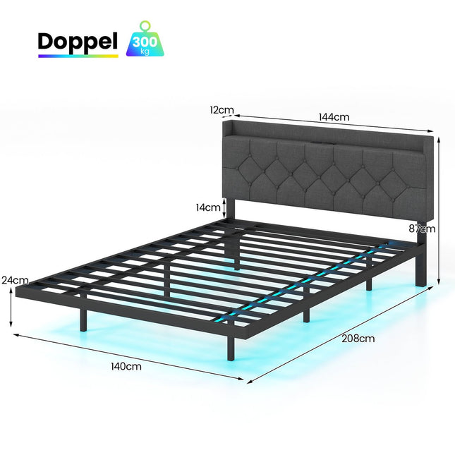 Floating Platform Bed Frame with LED Lights, Adjustable Headboard, Charging Ports, Gray