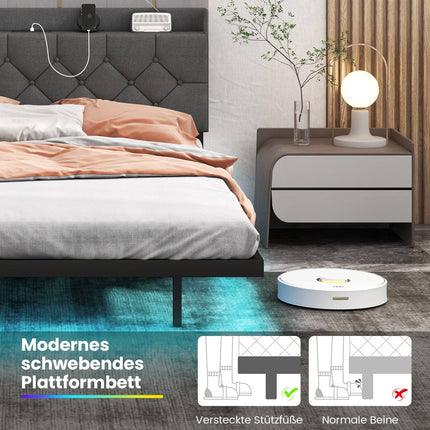 Schwebendes Plattformbett mit LED-Beleuchtung, verstellbarem Kopfteil, Ladeanschlüssen, Grau
