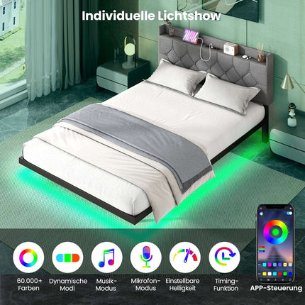 Schwebendes Plattformbett mit LED-Beleuchtung, verstellbarem Kopfteil, Ladeanschlüssen, Grau