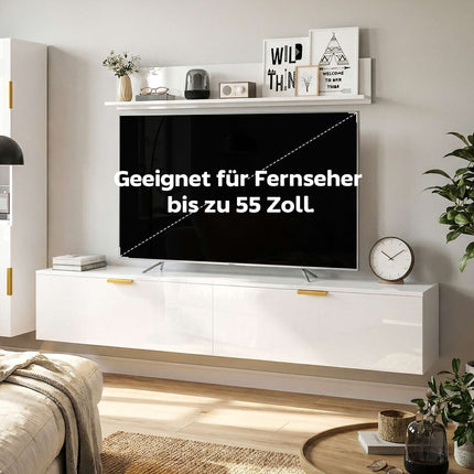 Schwebendes TV-Board mit Klapptüren, 180 cm Hochglanz Weiß