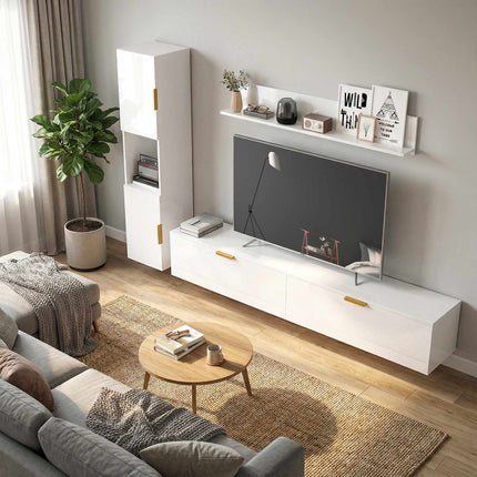 Schwebendes TV-Board mit Klapptüren, 180 cm Hochglanz Weiß