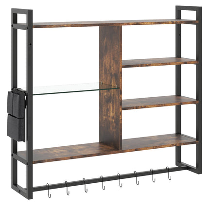 Floating Wall Shelf with 8 S-Hooks & Side Pocket, 6-Tier