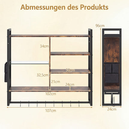 Floating Wall Shelf with 8 S-Hooks & Side Pocket, 6-Tier