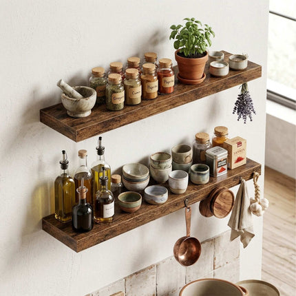 Floating Wall Shelves Set of 2, Wood-Effect Finish