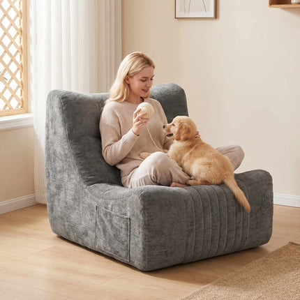 Floor Chair with Backrest, Chenille, Chestnut Gray, Side Pockets