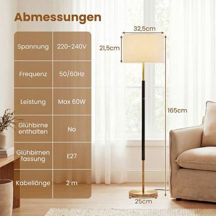 Stehlampe 165 cm, Leinen-Schirm, E27, Fußschalter
