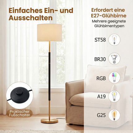 Stehlampe 165 cm, Leinen-Schirm, E27, Fußschalter