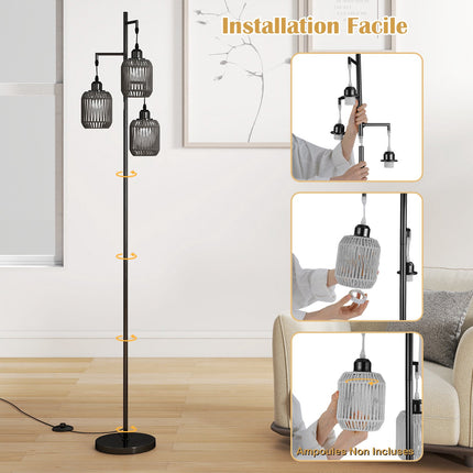 Floor Lamp 173cm, 3 Woven Paper Shades, Foot Switch