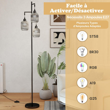 Floor Lamp 173cm, 3 Woven Paper Shades, Foot Switch