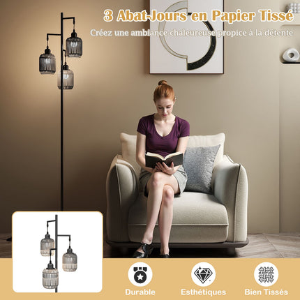 Floor Lamp 173cm, 3 Woven Paper Shades, Foot Switch