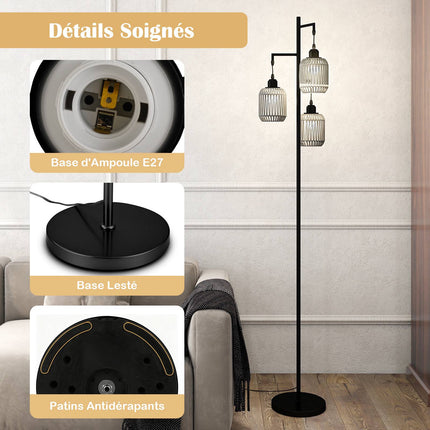 Floor Lamp 173cm, 3 Woven Paper Shades, Foot Switch