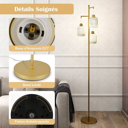 Stehleuchte 173cm, 3 gewebte Papierschirme, Fußschalter, Gold