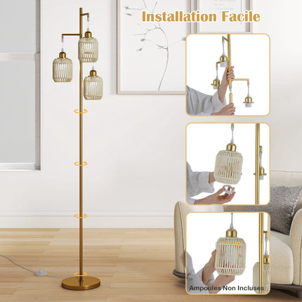 Stehleuchte 173cm, 3 gewebte Papierschirme, Fußschalter, Gold