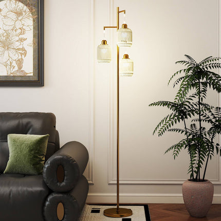 Stehleuchte 173cm, 3 gewebte Papierschirme, Fußschalter, Gold