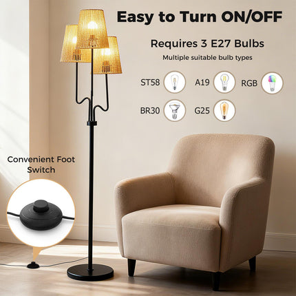 Floor Lamp 175 cm with 3 Woven Paper Shades, E27, Foot Switch, Black