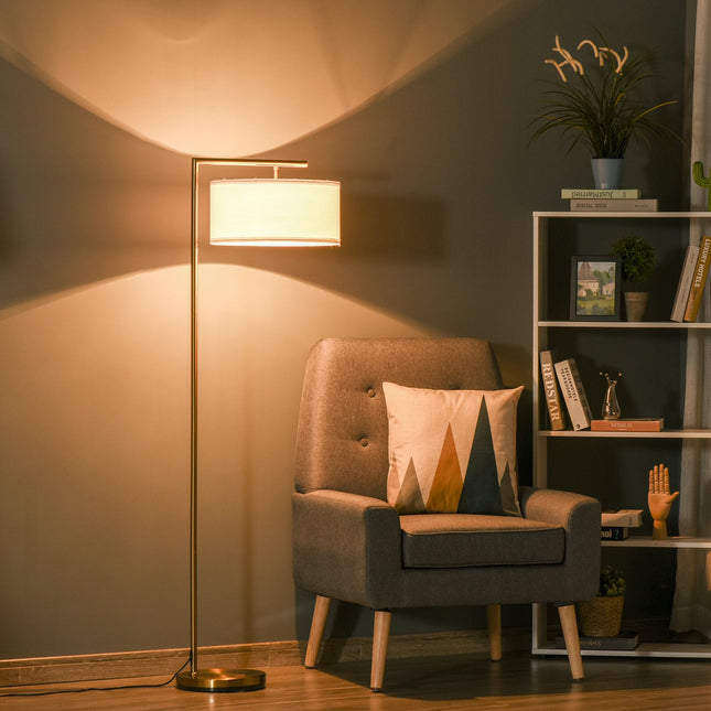 Gold & white floor lamp, E27 Base - steel & linen, 153cm