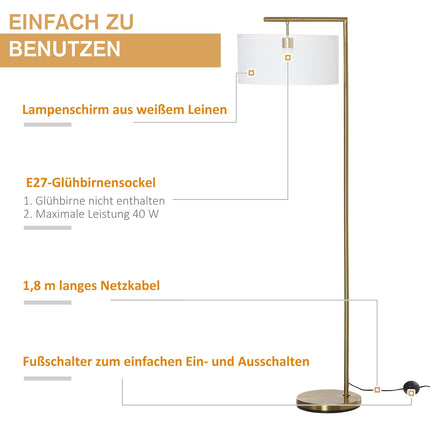 Gold-weiße Stehlampe, E27-Fassung – Stahl und Leinen, 153 cm