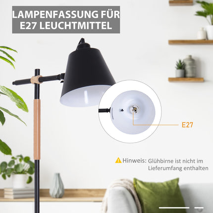 Industrielle Stehleuchte – Holz & Metall, Schwarz/Natur, 40W