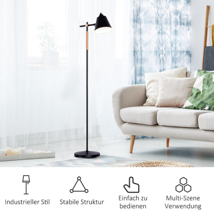 Industrielle Stehleuchte – Holz & Metall, Schwarz/Natur, 40W