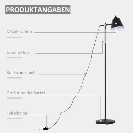 Industrielle Stehleuchte – Holz & Metall, Schwarz/Natur, 40W