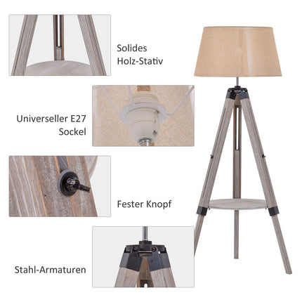 Verstellbare Vintage-Stehleuchte mit Ablage, Stahl & Baumwolle