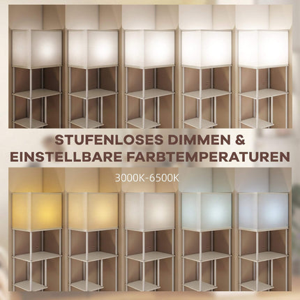 Stehlampe mit Regalen, dimmbare Fernbedienung, Weiß
