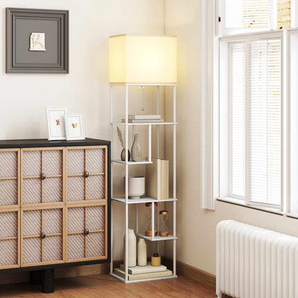 Stehlampe mit Regalen, dimmbare Fernbedienung, Weiß