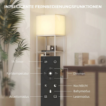 Stehlampe mit Regalen, dimmbare Fernbedienung, Weiß