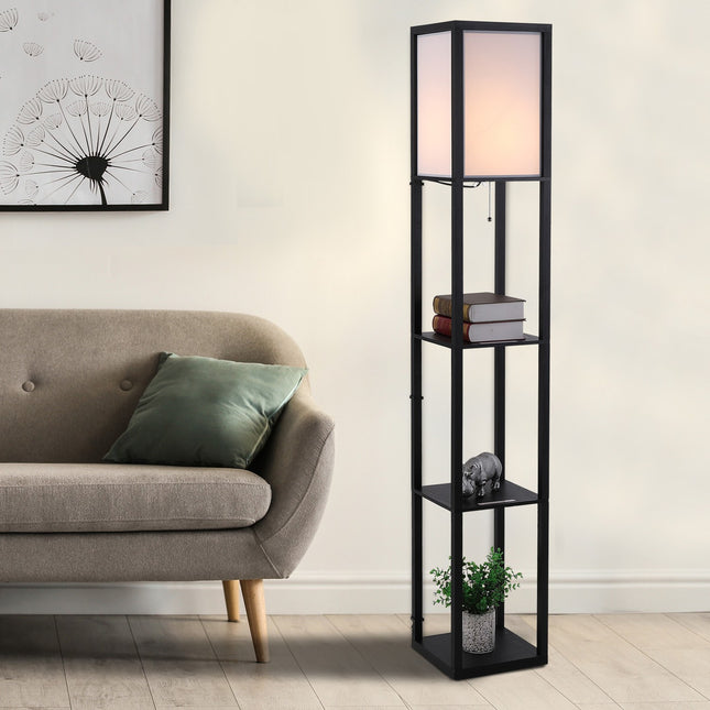Schwarze Holz-Stehlampe mit Ablagen, E27-Fassung, 160cm