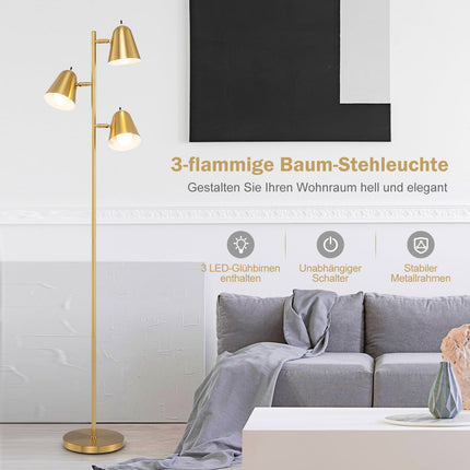 Stojací lampa se 3 nastavitelnými LED žárovkami E27, zlatá, 163cm