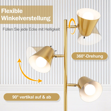 Stojací lampa se 3 nastavitelnými LED žárovkami E27, zlatá, 163cm