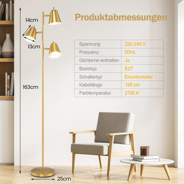 Floor Lamp with 3 Adjustable E27 LED Bulbs, Gold, 163cm