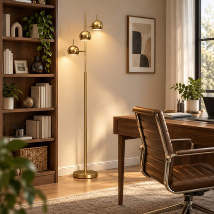 Floor Lamp with 3 Heads and 350° Adjustable Shades, Gold, Steel, Foot Switch