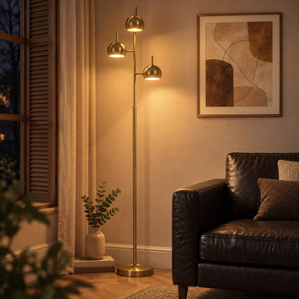 Floor Lamp with 3 Heads and 350° Adjustable Shades, Gold, Steel, Foot Switch