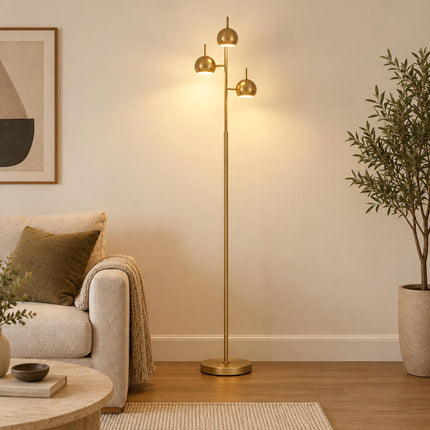 Floor Lamp with 3 Heads and 350° Adjustable Shades, Gold, Steel, Foot Switch